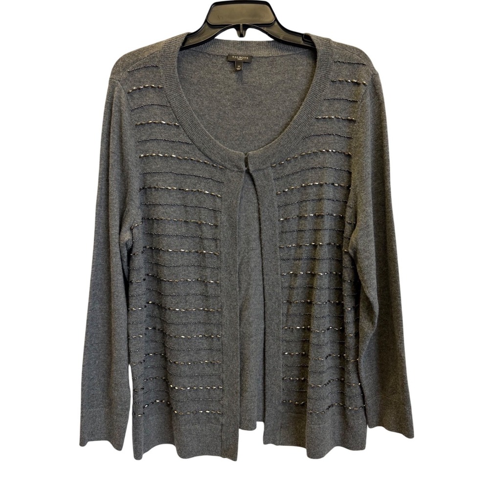 Talbots 1X Womens Gray Beaded Classic Lambswool‎ Cardigan Holiday Sweater